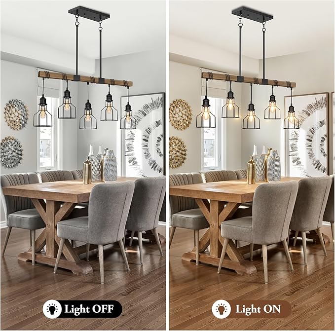 5-Light Dining Room Light Fixture, 63" Adjustable Height Pendant Lights Kitchen Island Black Metal & Rustic Wood Modern Linear Ceiling Chandeliers Over Table with E26 Base for Farmhouse Bar