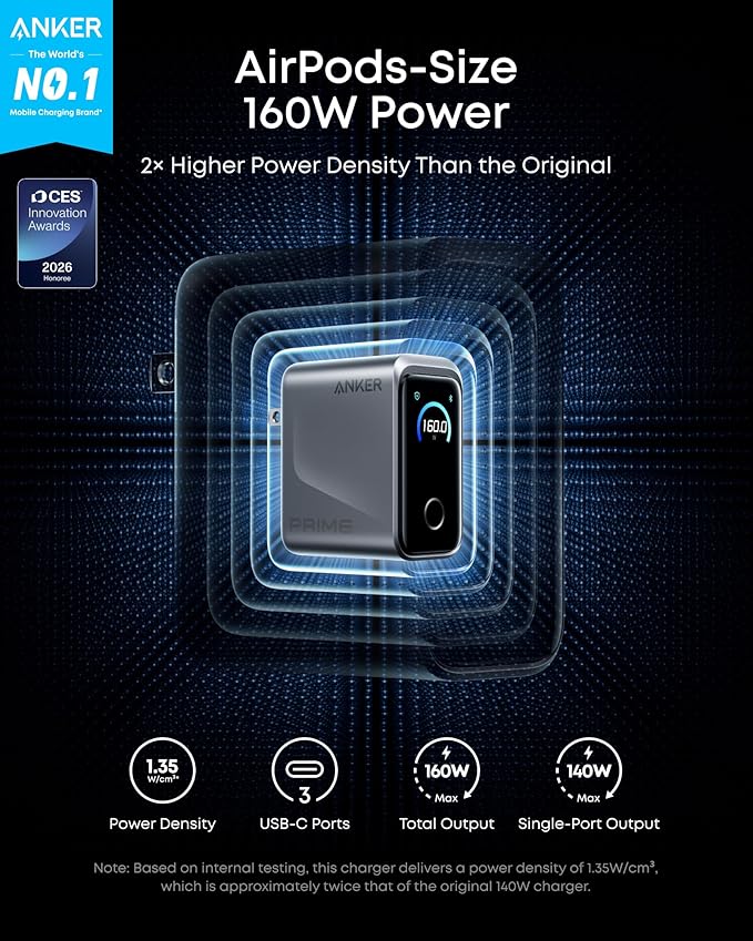 Anker Prime Charger, 160W 3-Port Compact USB C GaN Charger Block, Smart Display and Touch Control, 140W Max Charging via Any Single Port, for MacBook, Laptop, iPhone 17/16/15 Series, iPad(Non-Battery)