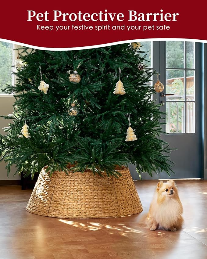 36in Large Christmas Tree Collar - Woven Hyacinth Tree Collars for Artificial Trees - Rattan Rustic Farmhouse Basket for Tree Base Cover with Cord Cut-Out for 7.5ft 9ft 10ft Tree (Natural)