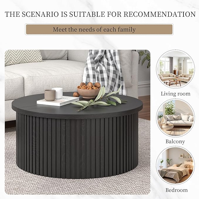 Lift Top Coffee Table with Storage, Round Coffee Tables for Living Room, 34.6In Farmhouse Fluted Coffee Table, Wood Center Table with Large Hiddern Storage Compartment (Black)