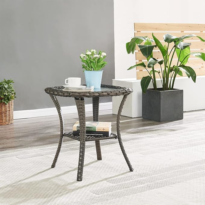 Rilyson Patio Tables Wicker Side Table - Rattan End Table with Glass Top for Outdoor Outside Patio Porch Deck Square Mixed-Grey