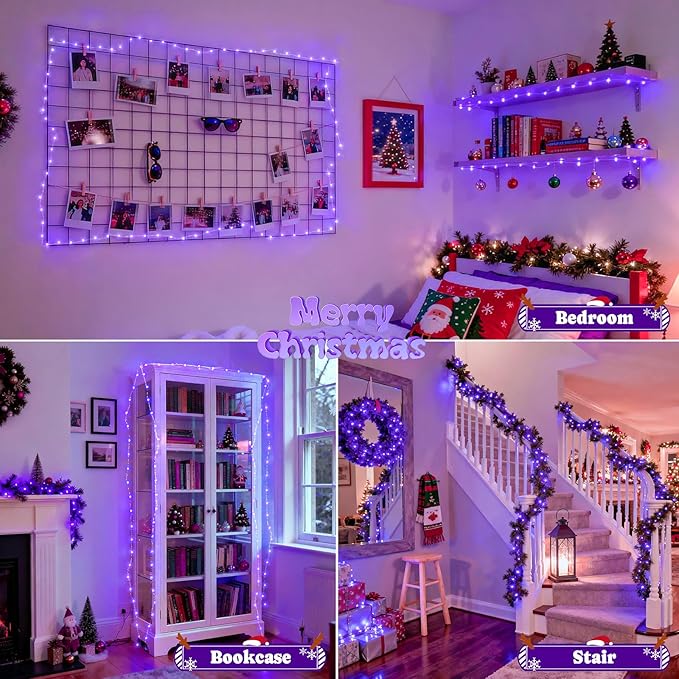JMEXSUSS 2 Pack Christmas Fairy Lights Battery Operated, Total 400 LED 132ft Purple Christmas String Lights Indoor with Remote, 8 Modes Copper Wire Twinkle Lights for Bedroom Wall Tree Decor