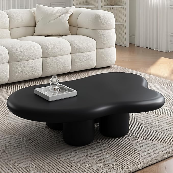 48 Inch Cloud Coffee Table, Modern Black Coffee Table for Living Room, Large Wood Coffee Side Table with Irregular Tabletop and 4 Sturdy Legs for Home Office Bedroom