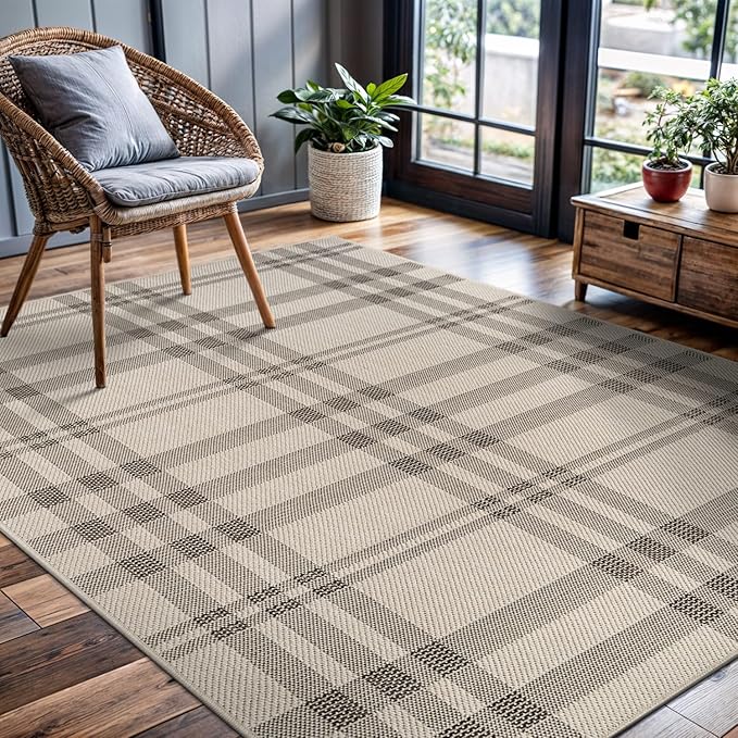 CAMILSON Easy Jute Rug 8x10, Indoor Outdoor Off-White Color Fiber Area Rugs for Entry, Living Room and Bedroom Rug, Checkred Boho Woven Design, Easy-Cleaning, Washable Outside Carpet (8 x 10)