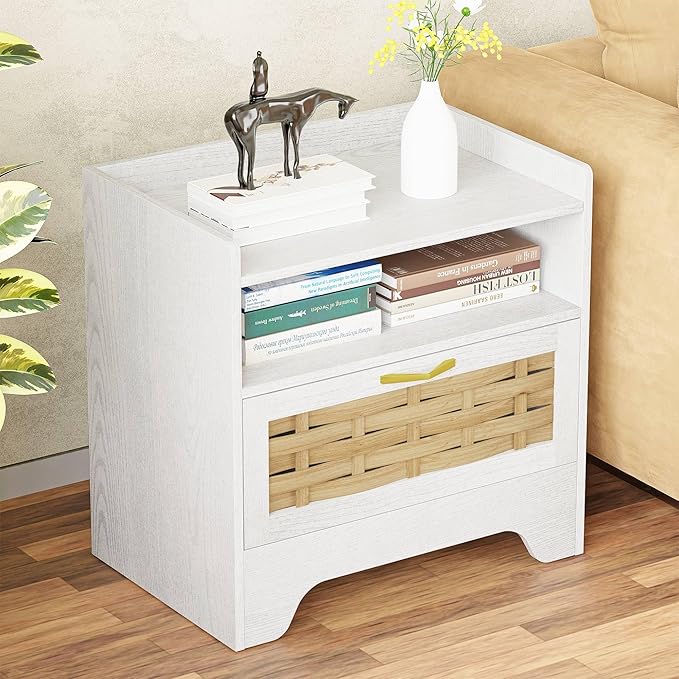 24" Rattan Nightstand Set of 2, White Bedside Table with Semi Open Cubby, Boho Night Stand with Farmhouse Arched Base for Bedroom, Side Table, End Table for Dorm