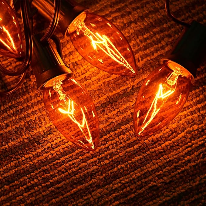 C9 Orange Halloween String Lights, 25Ft Christmas Outdoor String Lights with 26 Clear Orange Bulbs(1 Spare), Hanging Patio Lights for Outdoor Halloween Christmas Roofline Party Decoration- Black Wire