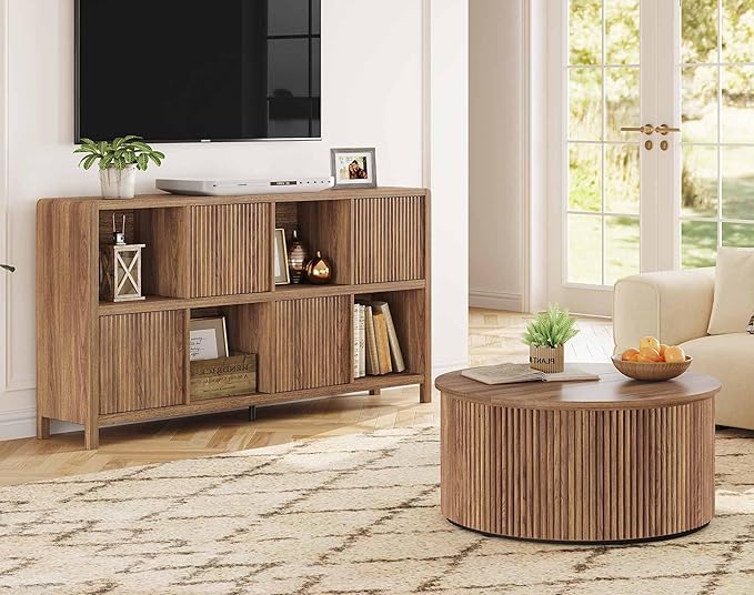 FATORRI Round Coffee Table, Fluted Woodern Center Table, Mid-Century Modern Coffee Tables for Small Space, Living Room, Bedroom (31.5 Inch, Walnut)
