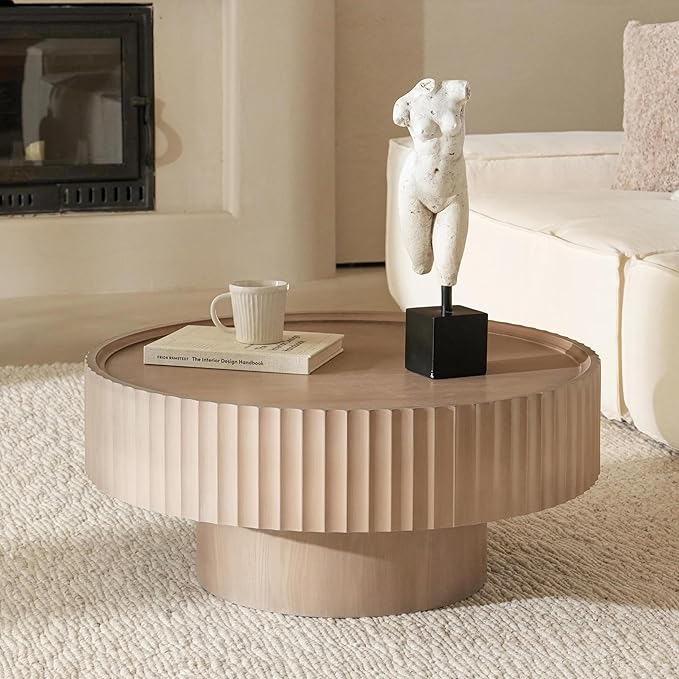 Round Coffee Table with Storage, 30.3” Fluted Drum Modern Living Room Table, Mushroom Shape Wood Gray Center Tables, Accent Coffee Tables for Living Room, Apartment(30.3''L×13.7''H)