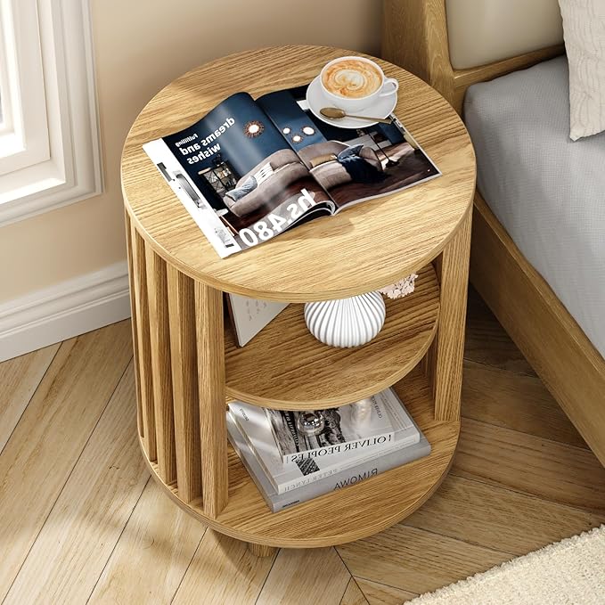 Round End Table, Wood Bedside Table, Mid Century Modern Nightstand with Open Storage Shelf, 3 Tier Small Side Tables for Living Room, Bedroom, Curved Profile Design, Natural Oak(2-Pack)