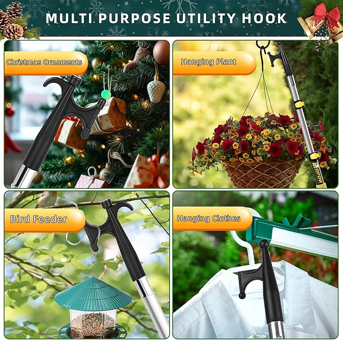 18FT Extension Pole with Utility Hook, Christmas Light Hanger Tool Attachment Screw On Pole Attachment Fits on 3/4 inch Acme Thread for Multi-Purpose Light Installation, String Lights, Birdfeeder