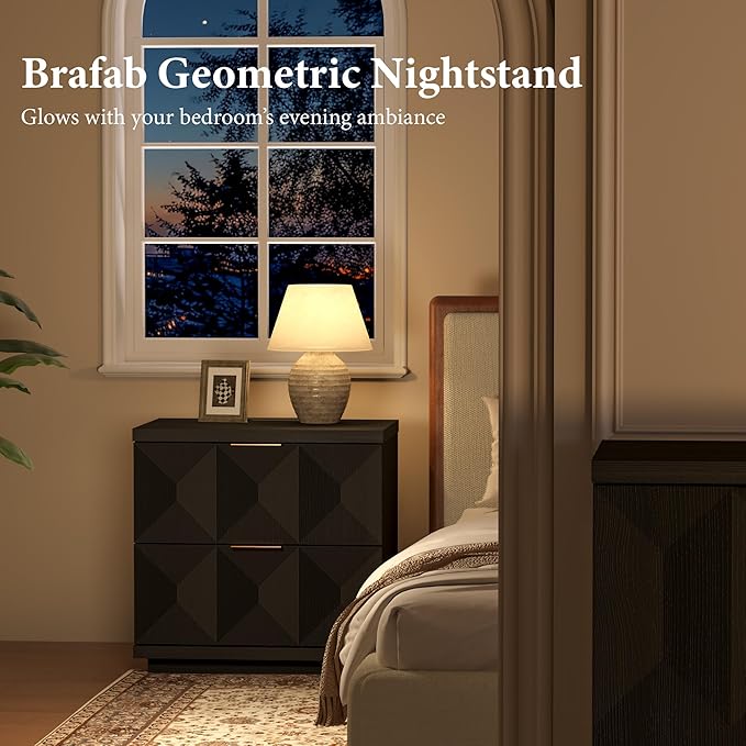 Brafab Black Nightstand Set of 2 with 20W Fast Charging Station, 23.6'' Bedside Table with Geometric Drawers Storage & Gold Handle, Large Modren Wooden Night Stand for Bedroom, End Table for Sofa Side