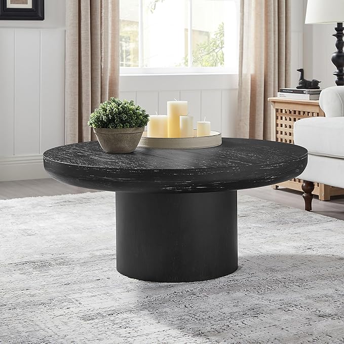 36" Round Coffee Table with Cylindrical Leg,Modern Wood Coffee Table with MDF and Veneer Finish, Retro Style Center Table for Living Room and Office (Black)
