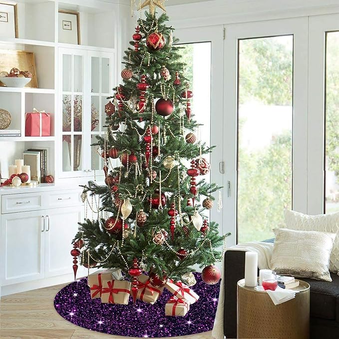 FUHSY Purple Tree Skirt Christmas 48 Inches Sparkly Sequin Tree Skirt Velvet Large Tree Skirts Collar Halloween Tree Skirts Royal Purple Christmas Tree Ornaments for Holiday Party Indoor Outdoor
