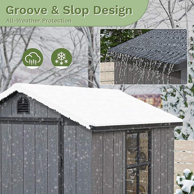 Patiowell 4 x 4 FT Plastic Outdoor Storage Shed with Floor, Garden Tool Shed with Two Windows and Single Lockable Door for Garden, Backyard, Lawn, Easy to Install, Dark Grey