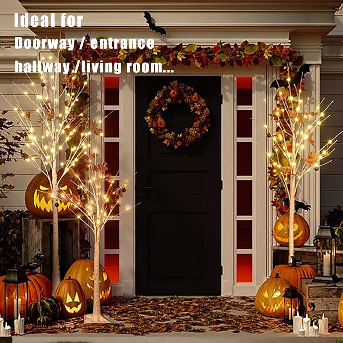 AWQM 4 Feet 5 Feet and 6 Feet Lighted Cherry Blossom Tree, Pack of 3, 200 LED Lights 24 Maple Leaves 24 Balls, for Home, Festival, Party, and Christmas Decoration, Indoor and Outdoor Use (White)