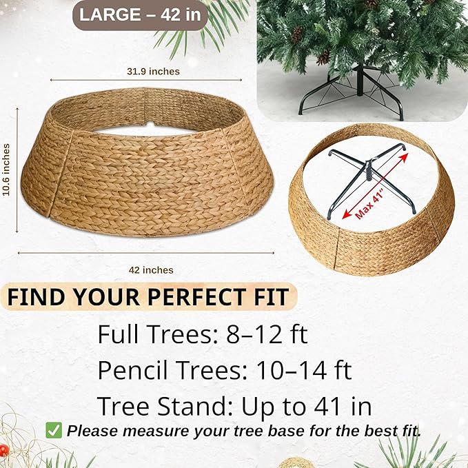 42" Wicker Christmas Tree Collar for Artificial Trees, Tree Basket Skirt for 9ft, Farmhouse Base Cover for Pencil,Extra Large Christmas Tree Collars, Handwoven from Seagrass