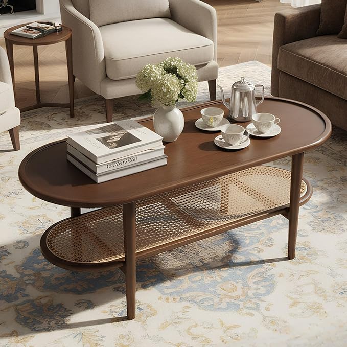 Modern Rattan Coffee Table, 39.5 Oval Walnut Wood Coffee Table with Storage Shelf for Living Room, 2-Tier Center Table Entryway Table Side Table Nightstand for Bedroom Office Small Space Cafe