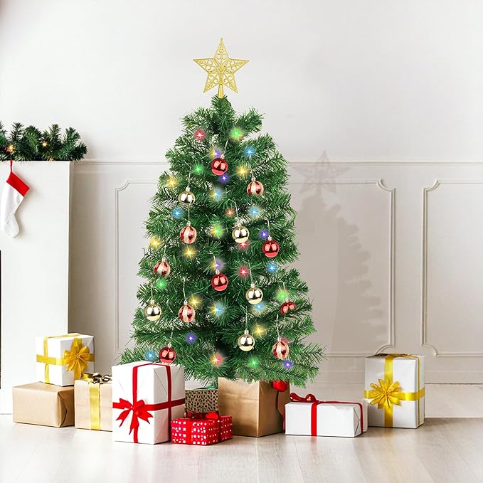 3 Ft Green Christmas Tree 12 Modes Dual Color Change Timer DIY 50 Warm White & Multicolor Lights Star 15 Ball Ornaments Battery Operated Small Artificial Full Xmas Tree Table Home Indoor