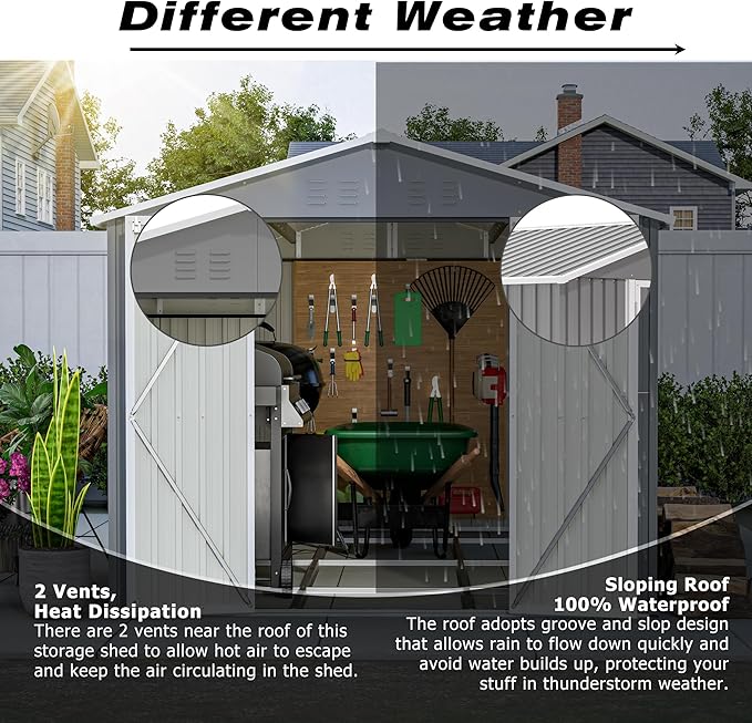 8x12 FT Sheds & Outdoor Storage with Double Doors & Floor Frame Heavy-Duty Metal Outdoor Storage Shed With Vents, Sloping Roof Waterproof Tool Sheds Perfect to Store Patio Furniture, Garden Tools Grey