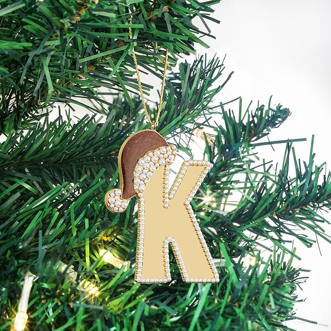 2025 Christmas Ornaments, Letter K Ornaments for Christmas Tree,Hanging Xmas Red Hat Ornament for Mother Best Friends Sister Wife
