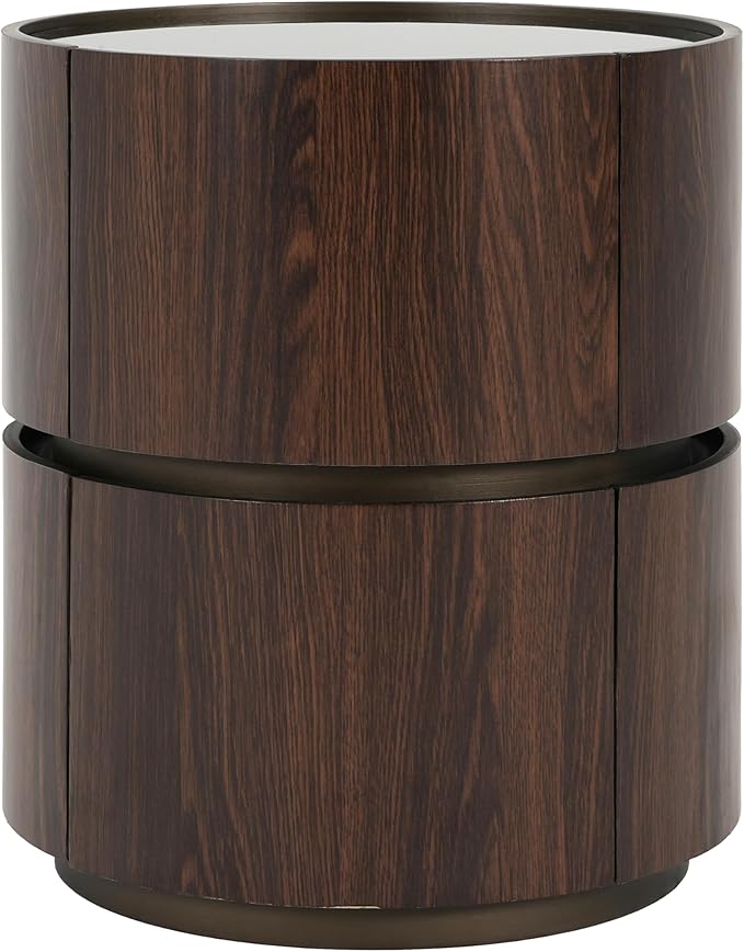 WILLIAMSPACE 15.75" Round Small Coffee Table with Double Storage Drawers & Tempered Glass Top, Modern Accent Side Table Retro Style End Sofa Table for Living Room Apartment, Black+Brown