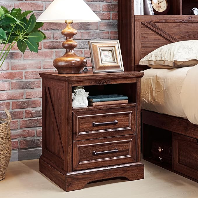 ACCOHOHO 18" Farmhouse Nightstand with Charging Station,End Table with 2 Drawers Storage,Side Table,Bedside Cabinet for Bedroom,Living Room,Brown