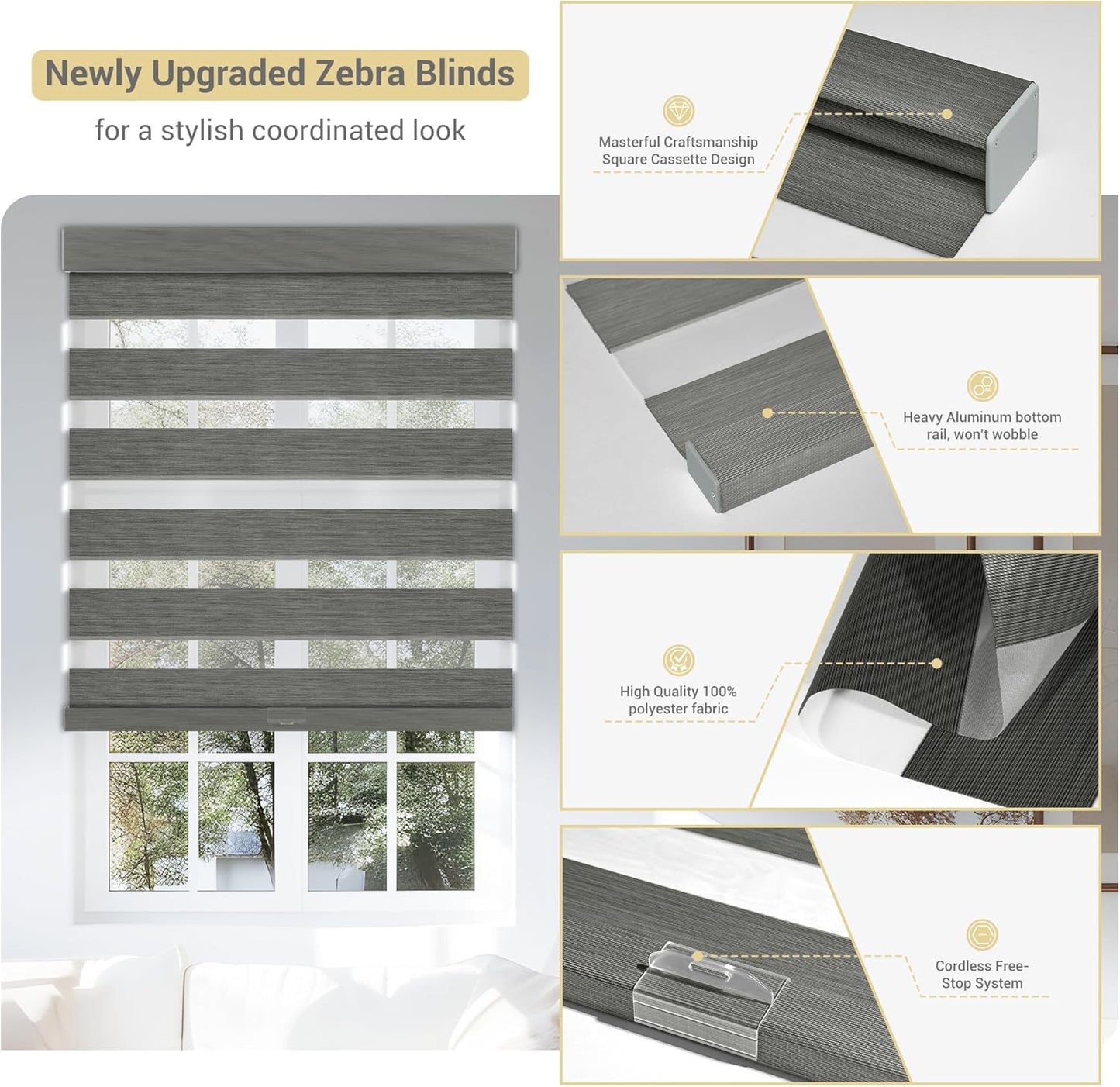 Cordless Zebra Blinds for Windows, Blackout Interior Blinds,Easy to Install,UV Protection,for Offices and Home,Custom Roller Shades, Mousse Grey,17" W x 88" H