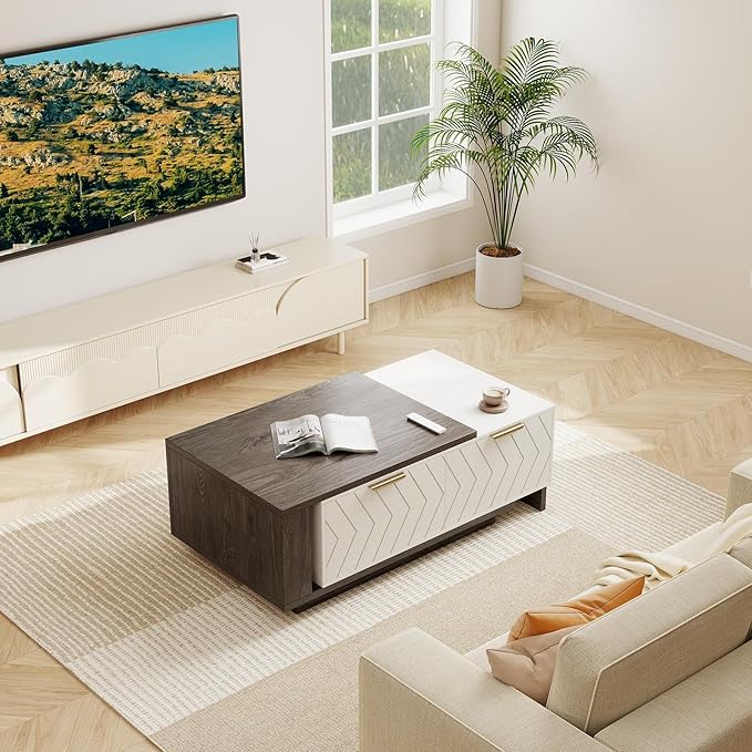 42"- 65" Extendable Coffee Table with Storage, Reversible Wood Coffee Table with 2 Drawers, Two-Tone Large Adjustable Center Table for Living Room, Office (Grey)