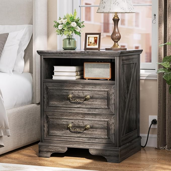 Unikito Farmhouse Nightstand with Charging Station, Bedside Table with 2 Large Drawers & Vintage Handles, Side Table with Open Storage for Bedroom Living Room Sofa Couch Office (Gray Oak)