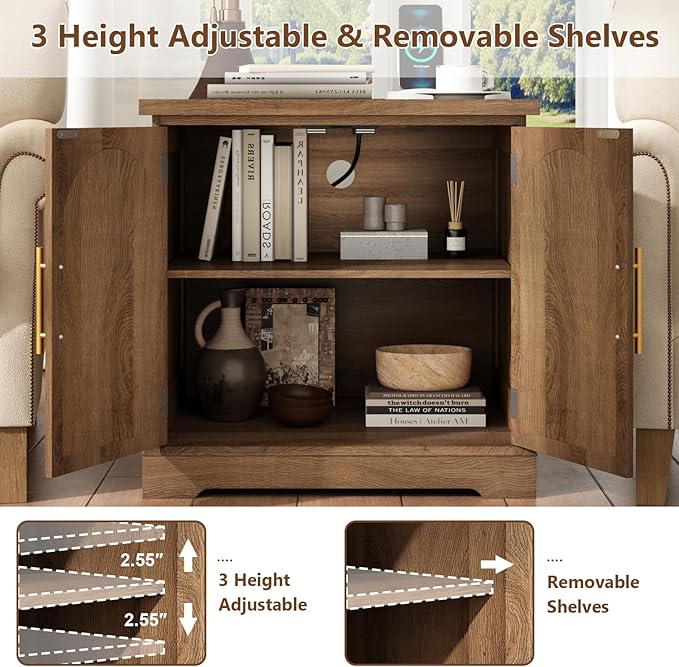 Set of 2 Rattan End Table with Charging Station, 24" Large Sofa Side Table with 2 Arched Doors, Boho Wood Square Nightstand Bedside Tables with Adjustable Storage Shelf