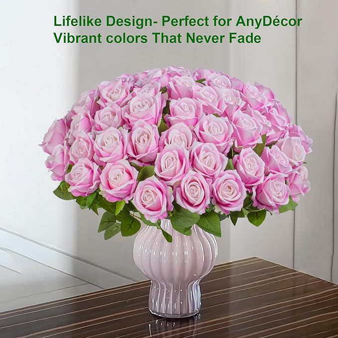 Artificial Flowers Roses Touch Fake Rose Bouquet Flower Stem Fo Wedding Centerpieces DIY Wreath Home Decorations Silk Roses Fo Mothers Party Fake Outdoor Flowers Decor 19.6"(Deep Pink 50PCS)