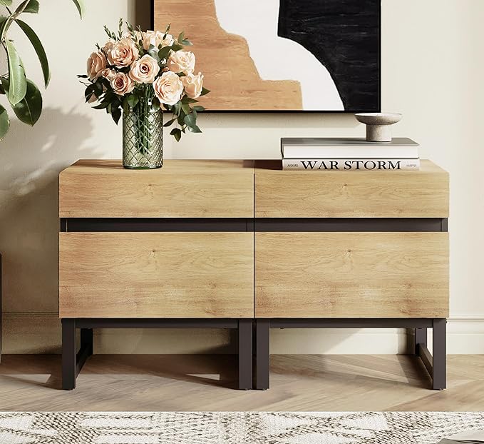 WAMPAT 2 Pack Modern End Table with 2 Drawers, Farmhouse Sofa Table with Black Square Iron Leg, Wood Rustic Side End Table for Living Room, Nighstand for Bedroom, Oak