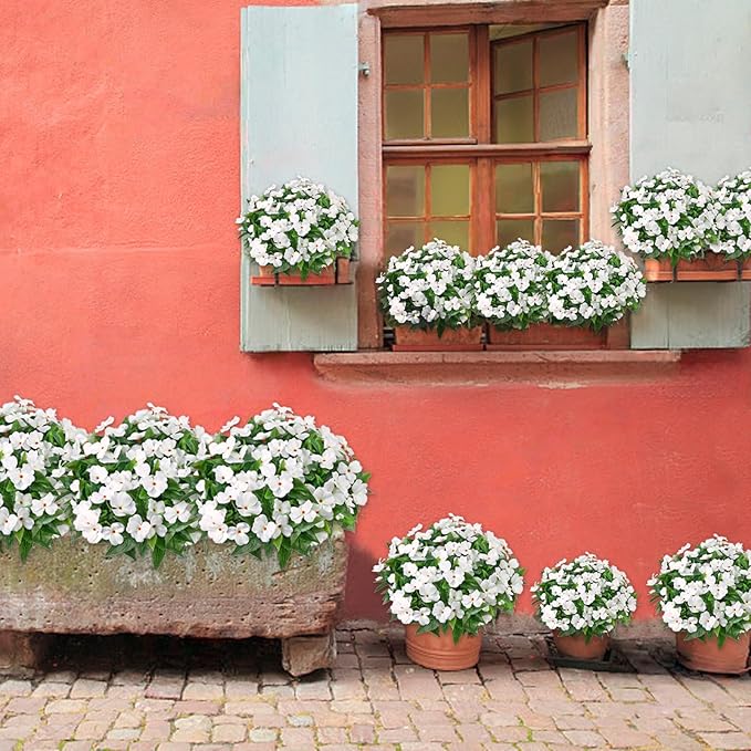 5PCS Artificial Impatiens Bouquet Flowers for Outdoors Silk Faux Flowers for Outdoor Fake Planters UV Resistant Spring Summer Indoor Decor Garden Porch Patio Window Kitchen Balcony, White