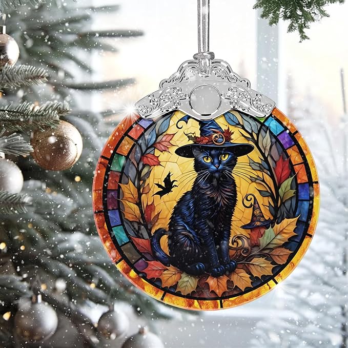 2025 Ornaments for Christmas Tree, Zmoicky Stained Glass Hanging Ornament, Christmas Ornaments Clearance, Gift Exchange Ornament, Bauble Present - Witch's Black Cat