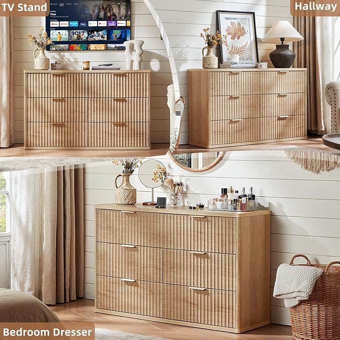 LEYAOYAO Fluted 6 Drawers Dresser, 48" Wide Modern Chest of Drawers with Wood Grain Top, Curved Profile Design, Dresser TV Stand, Wood Drawer Organizer for Bedroom, Living Room, Hallway,Natural