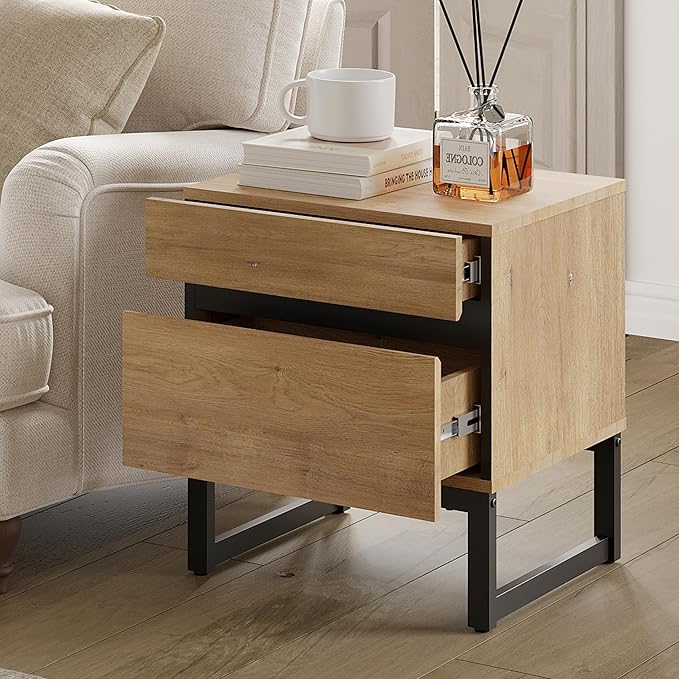 WAMPAT 2 Pack Modern End Table with 2 Drawers, Farmhouse Sofa Table with Black Square Iron Leg, Wood Rustic Side End Table for Living Room, Nighstand for Bedroom, Oak