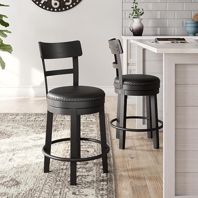 Signature Design by Ashley Valebeck Faux Leather Upholstered Swivel Barstool, Nailhead Trim, Solid Wood, 16.75" W x 19.75" D x 37.25" H, Antique Black