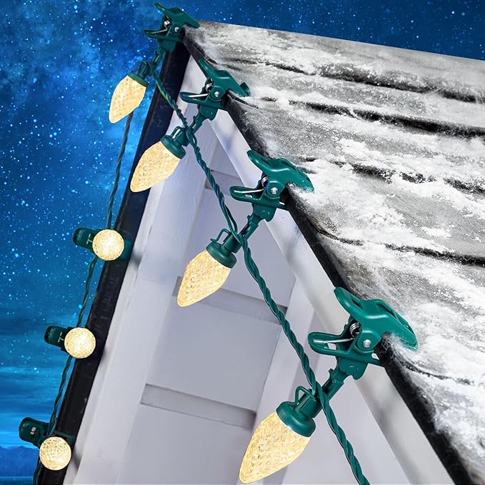 Moonflor C9 LED Christmas Lights Outdoor with 150 Spring Clips, 150ft 150 LED Waterproof Strawberry String Lights, Commercial Grade Extendable Perfect for Roofline Patio House Xmas Decor, Warm White