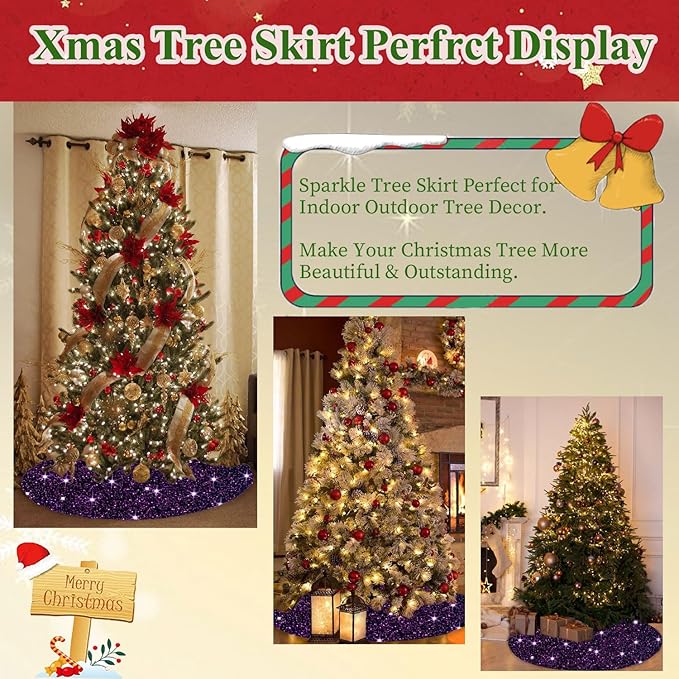 Purple Christmas Tree Skirt 46 Inch Sequin Tree Skirt Glitter Christmas Tree Skirts Large Velvet Tree Carpet Halloween Tree Skirt Vintage Xmas Tree Skirt Blanket ShinyTree Mat for Halloween Holiday