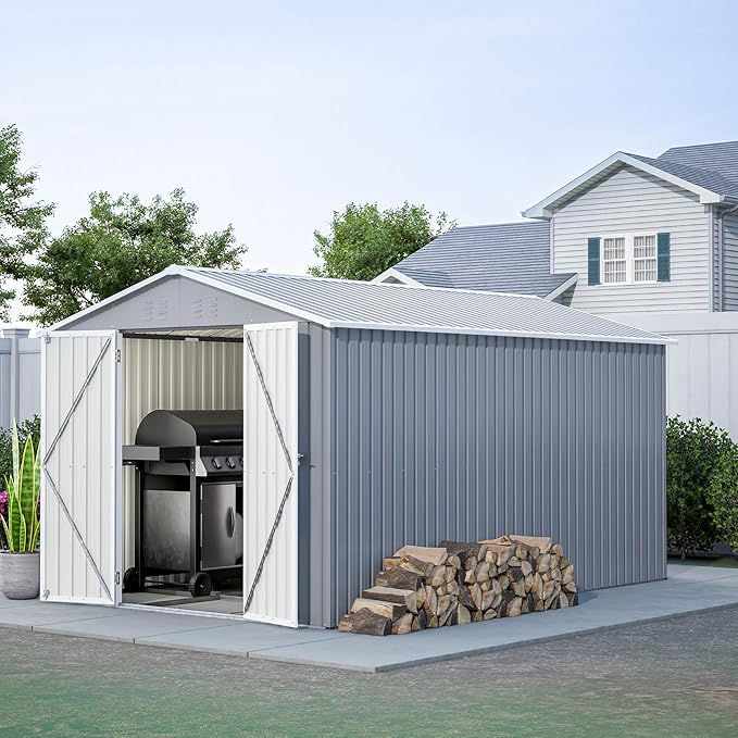 8 * 12 FT Outdoor Storage Shed with Floor Frame Heavy-Duty Metal Sheds & Outdoor Storage with Vents, Sloping Roof and Lockable Doors Waterproof Garden Tool Shed for Backyard Patio Lawn, Grey