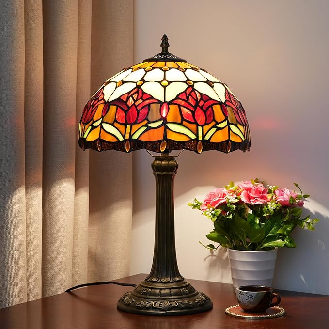 Red Tulip Tiffany Style Stained Glass Table Lamp Bed Room Bedside Reading Desk Light for Living Office Dormitory Bar Retro Unique Cute Accent Decor Cottage 12" Village Gift Nightstand Lamps