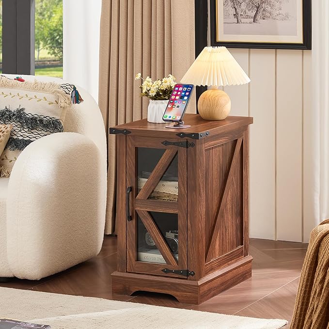 Narrow Night Stand Set 2, Farmhouse Side End Table with Glass Barn Door Storage, Bedside Tables, Retro Nightstand Cabinet Organizer for Small Spaces Living Room Bedroom