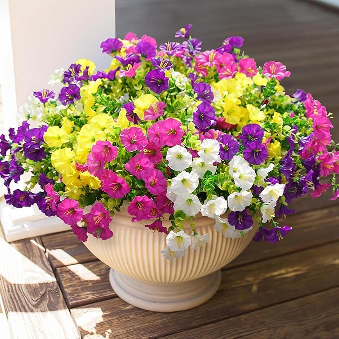 Artificial Fake Flowers Plant for Outdoors, 12 Bundles Faux Morning Glory UV Resistant Look Real Silk Flowers for Outside Planter Front Door Porch Patio Yard Decoration, (Mix 4 Colors)
