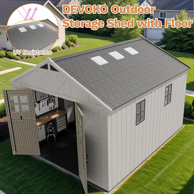 Devoko 10x12 FT Resin Outdoor Storage Shed with Floor, Plastic Tool Garden Shed with Windows & Lockable Door, Outside Large Storage Shed for Patio Backyard Lawn, Beige