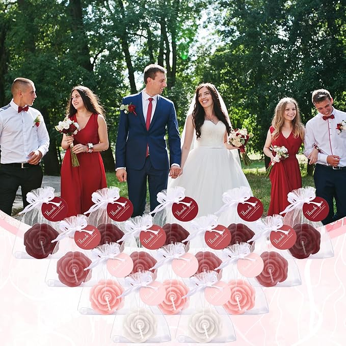 Treela 24 Setflower Candles Wedding Favor for Guests Mini Burgundy Rose Shaped Tealight Candles for Return Gift Wedding Birthday Bridal Shower Housewarming Party