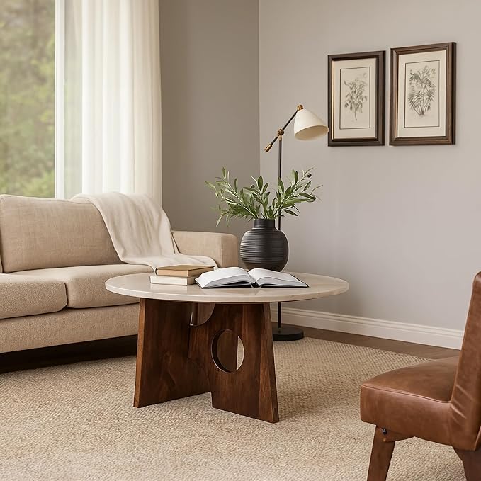 TUP THE URBAN PORT Kali Coffee Table | 27" Natural Round Marble Tabletop | Dark Brown Mango Wood Sculptural Base