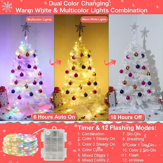 3 Feet White Tinsel Christmas Tree 12 Modes Dual Color Change Timer DIY 50 Warm White & Multicolor Lights Star 15 Ball Ornaments Battery Operated Small Artificial Full Xmas Tree Table Home Indoor