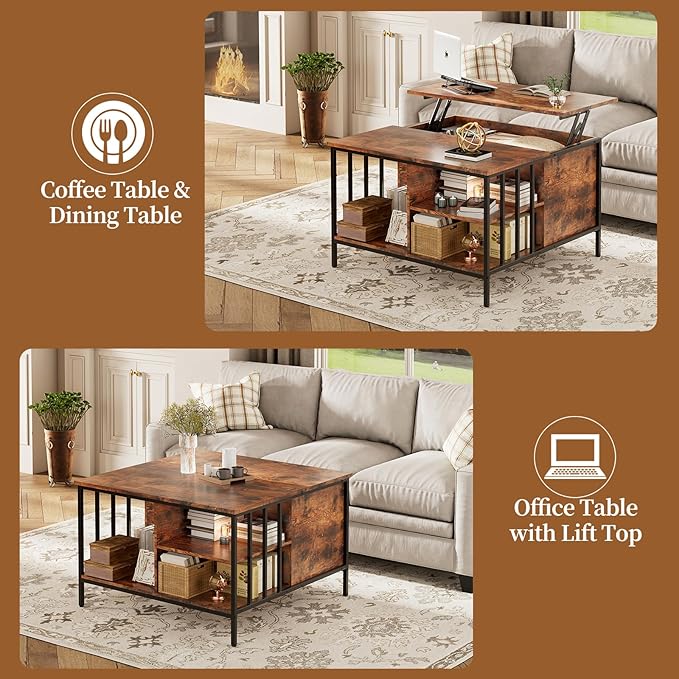 AQY 32.4" Lift Top Coffee Table with Storage, Square Coffee Tables for Living Room, Modern Farmhouse Heavy Duty Coffee Table with Large Hidden Compartment and Storage Shelves,Assembly Required