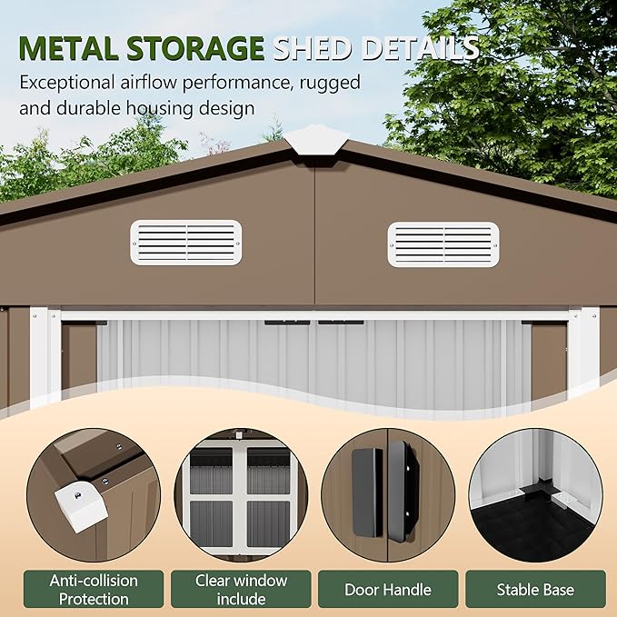 10x8FT Outdoor Storage Shed with Floor & Lockable Sliding Doors,Metal Storage Shed with 1 Air Vents,Waterproof Garden Shed for Backyard,Patio, Lawn,(Brown,Base Included)