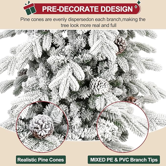 7.5 FT Snow Flocked Slim Fir Christmas Tree with 1424 PE & PVC Mixed Branch Tips,Unlit Artificial Skinny Pencil Xmas Tree with 40 Pine Cones,Hinged Premium Xmas Trees for Home,Office,Party Decoration
